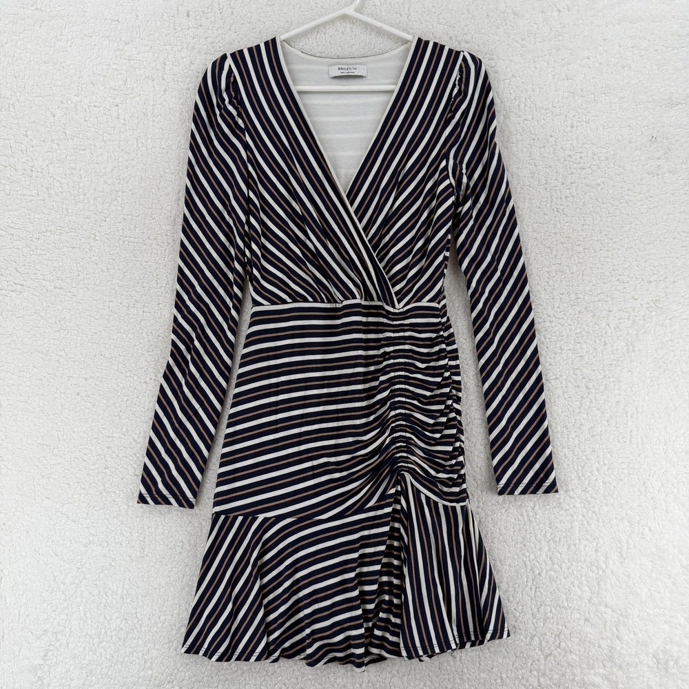 Bailey 44 Dress Womens‎ Small Blue Stripe Ruched Wrap Long Sleeve Mini Bodycon